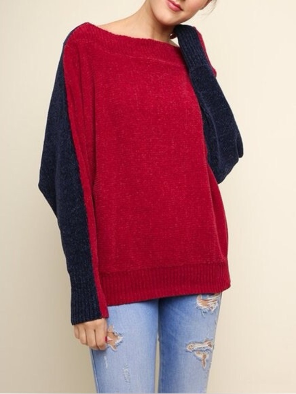 Umgee Red And Navy Blue Off Shoulder Dolman Colorblock Pullover Sweater medium
